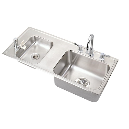Elkay Lustertone Stainless Steel 37-1/4X17X7-5/8 Double Bowl Top Mount Classroom Sink + Faucet/Bubbler Kit DRKRQ3717LC